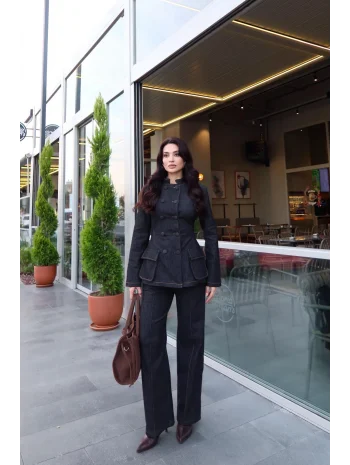 Kadın Koyu Kot Bel Oturtmalı Düğmeli Ceket Pantolon Takım