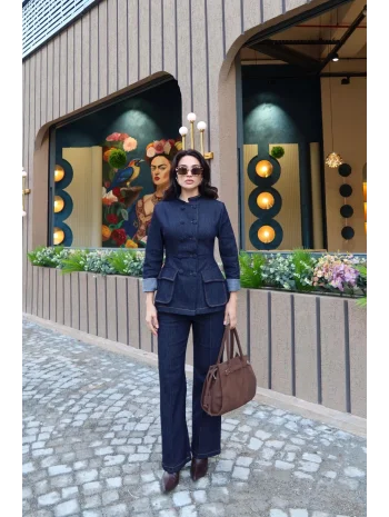 Kadın Koyu Kot Bel Oturtmalı Düğmeli Ceket Pantolon Takım