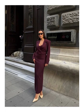 Kadın Kruvaze Detaylı Sırt Çapraz Askılı Elbise Ceket Takımı