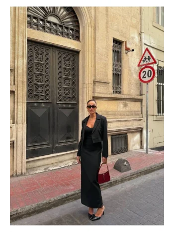 Kadın Kruvaze Detaylı Sırt Çapraz Askılı Elbise Ceket Takımı