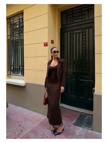 Kadın Kruvaze Detaylı Sırt Çapraz Askılı Elbise Ceket Takımı