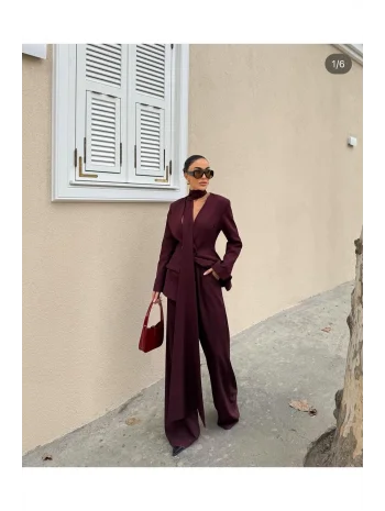 Kadın Modern Tasarım Şal Detaylı Pantolon Ceket Takımı