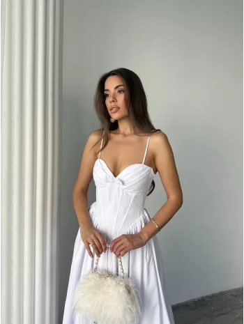 Kadın Poplin Kumaş Kurdeleli Askılı Midi Elbise