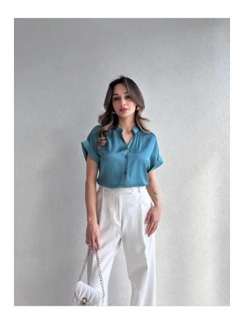 Kadın Saten Kısa Kollu Gömlek Bluz