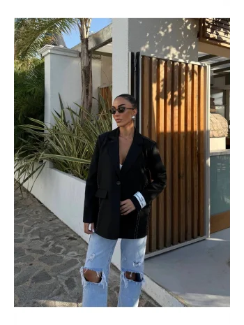 Kadın Siyah Dikiş Detaylı Oversize Blazer Ceket