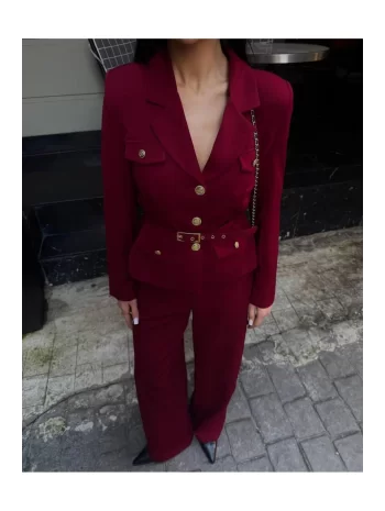 Kadın Siyah Kemerli Blazer Ceket Ve Pantolon Takım