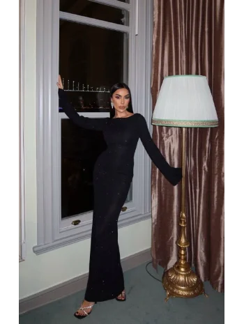 Kadın Siyah Simli Sırt Dekolteli Uzun Elbise