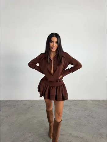 Kadın Kahverengi Gömlek Yaka Volanlı Pileli Mini Elbise