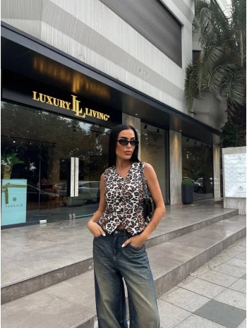 Kadın Düğmeli Klasik Leopar Desen Yelek