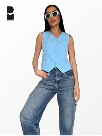 Kadın Düğmeli Klasik Mavi Yelek