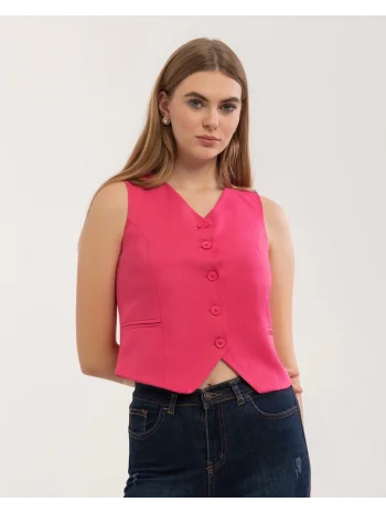 Kadın Klasik Düğmeli Pembe Yelek