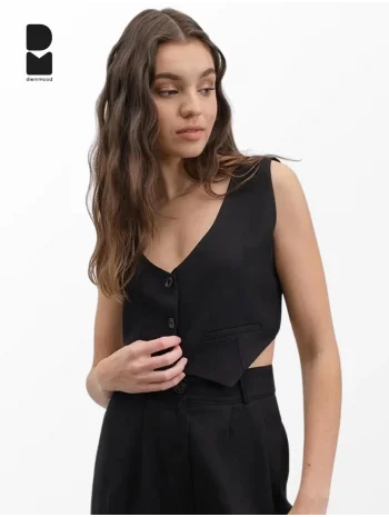 Kadın Siyah Casual Crop Yelek