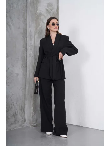 Kadın Siyah Kuşaklı Blazer Ceketli Geniş Paça Şık Takım