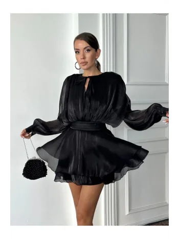 Kadın Vatkalı Jakarlı Tül Mini Elbise