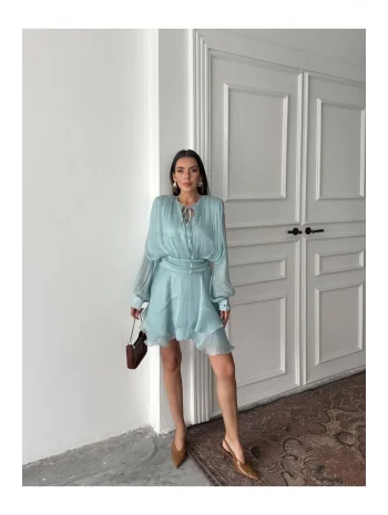 Vatkalı Jakarlı Tül Mini Elbise