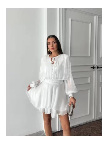 Vatkalı Jakarlı Tül Mini Elbise