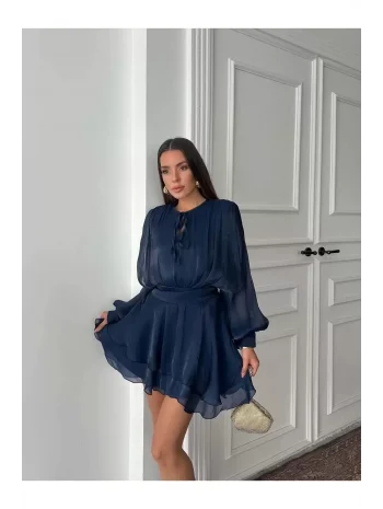 Vatkalı Jakarlı Tül Mini Elbise