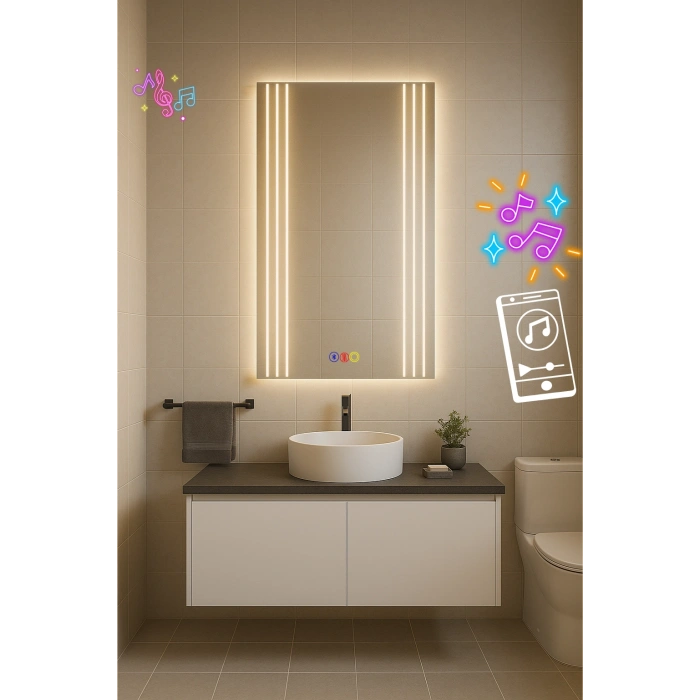 50x70 cm Dikdörtgen Kumlama Ledli Bluetoothlu Buğu Önleyicili Üç Dokunmatik Tuşlu Banyo Aynası