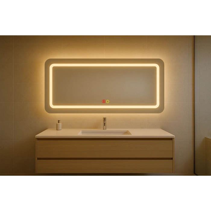 50x70 cm Dikdörtgen Kumlama Ledli Buğu Önleyicili Çift Dokunmatik Tuşlu Banyo Aynası