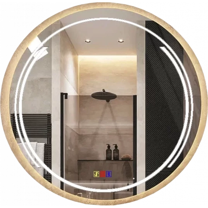 60 cm (çap) Bluetoothlu Buğu Çözücülü Dokunmatik Işıklı Kumlamalı Yuvarlak Banyo Aynası