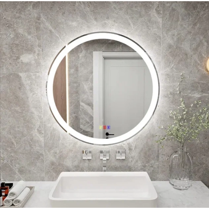 60 cm (çap) Bluetoothlu Buğu Çözücülü Dokunmatik Işıklı Kumlamalı Yuvarlak Banyo Aynası