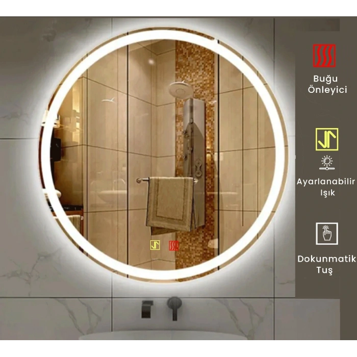 60 cm (çap) Buğu Çözücülü Dokunmatik Işıklı Kumlamalı Yuvarlak Banyo Aynası