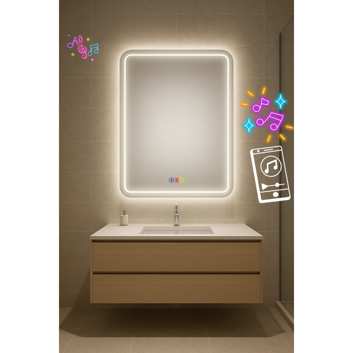 60x80 cm Dikdörtgen Kumlama Ledli Bluetoothlu Buğu Önleyicili Üç Dokunmatik Tuşlu Banyo Aynası