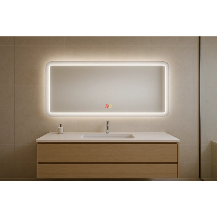 60x80 cm Dikdörtgen Kumlama Ledli Buğu Önleyicili Çift Dokunmatik Tuşlu Banyo Aynası