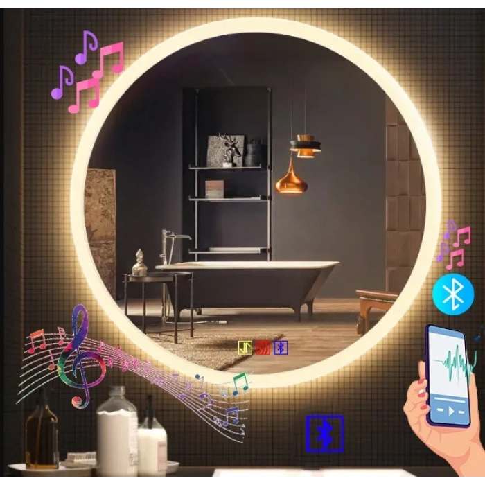 70 cm (çap) Bluetoothlu Buğu Çözücülü Dokunmatik Işıklı Kumlamalı Yuvarlak Banyo Aynası
