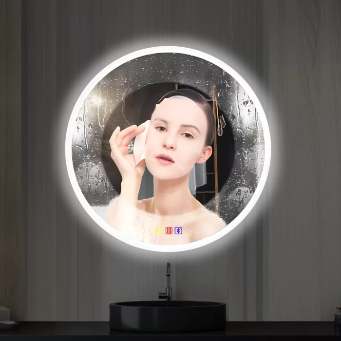 70 cm (çap) Bluetoothlu Buğu Çözücülü Dokunmatik Işıklı Kumlamalı Yuvarlak Banyo Aynası