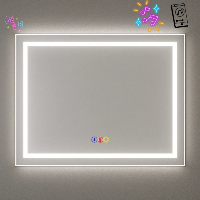 70x100 cm Dikdörtgen Kumlama Ledli Bluetoothlu Buğu Önleyicili Üç Dokunmatik Tuşlu Banyo Aynası
