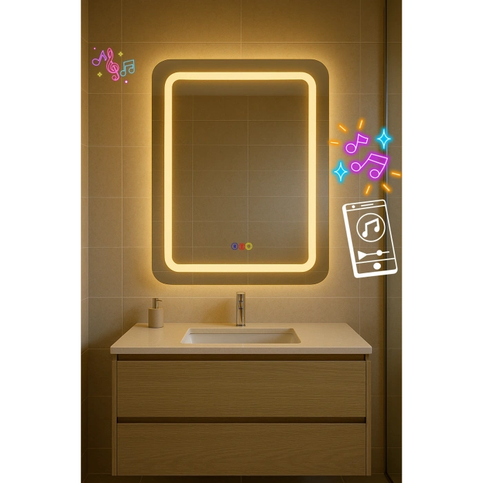 70x90 cm Dikdörtgen Kumlama Ledli Bluetoothlu Buğu Önleyicili Üç Dokunmatik Tuşlu Banyo Aynası