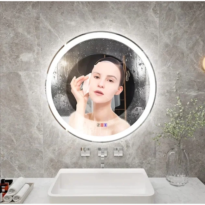 80 cm (çap) Bluetoothlu Buğu Çözücülü Dokunmatik Işıklı Kumlamalı Yuvarlak Banyo Aynası