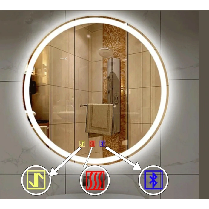 80 cm (çap) Bluetoothlu Buğu Çözücülü Dokunmatik Işıklı Kumlamalı Yuvarlak Banyo Aynası