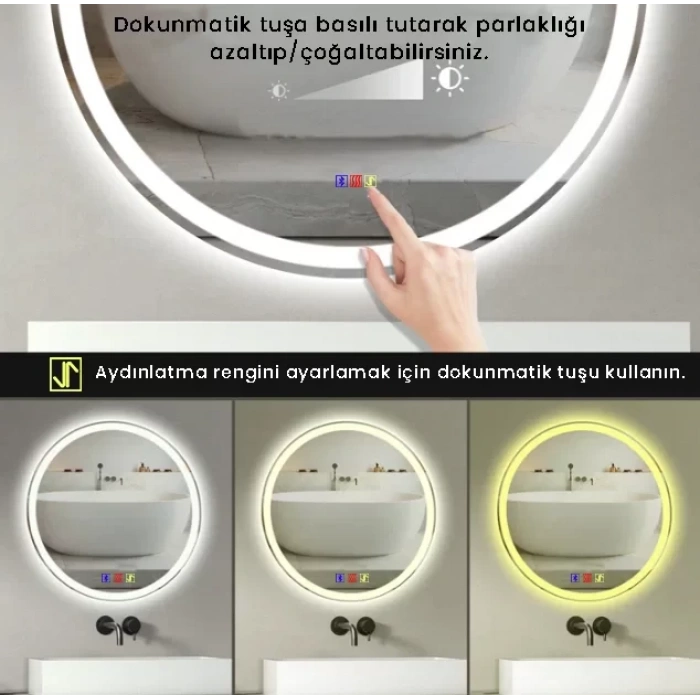 80 cm (çap) Bluetoothlu Buğu Çözücülü Dokunmatik Işıklı Kumlamalı Yuvarlak Banyo Aynası