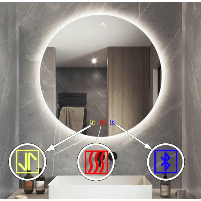 80 cm (çap) Bluetoothlu Buğu Çözücülü Dokunmatik Işıklı Ledli Yuvarlak Banyo Aynası