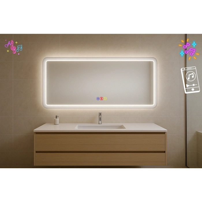 80x100 cm Dikdörtgen Kumlama Ledli Bluetoothlu Buğu Önleyicili Üç Dokunmatik Tuşlu Banyo Aynası