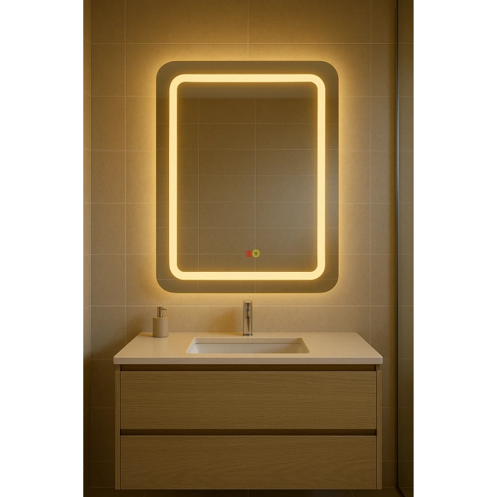 80x100 cm Dikdörtgen Kumlama Ledli Buğu Önleyicili Çift Dokunmatik Tuşlu Banyo Aynası