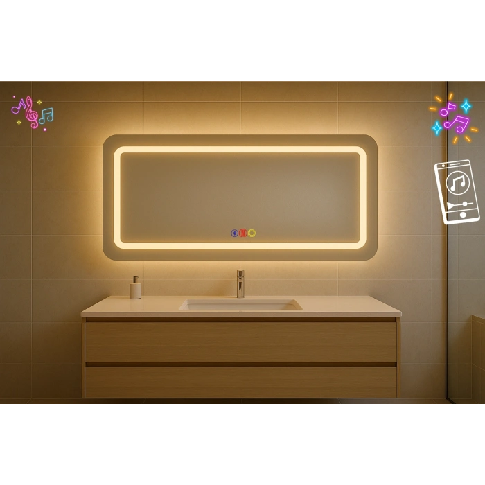 80x120 cm Dikdörtgen Kumlama Ledli Bluetoothlu Buğu Önleyicili Üç Dokunmatik Tuşlu Banyo Aynası