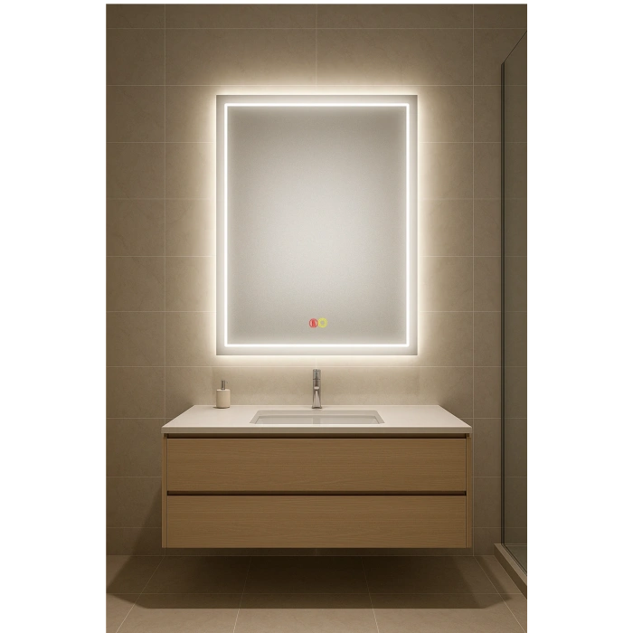 80x120 cm Dikdörtgen Kumlama Ledli Buğu Önleyicili Çift Dokunmatik Tuşlu Banyo Aynası