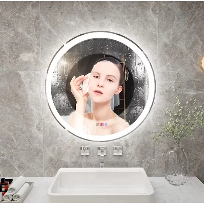 90 cm (çap) Bluetoothlu Buğu Çözücülü Dokunmatik Işıklı Kumlamalı Yuvarlak Banyo Aynası