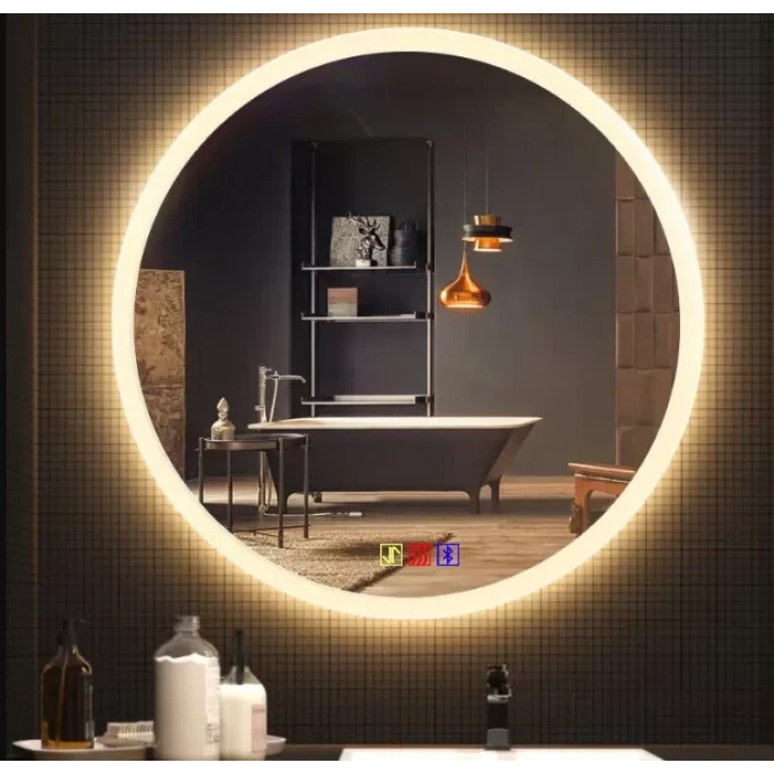 90 cm (çap) Bluetoothlu Buğu Çözücülü Dokunmatik Işıklı Kumlamalı Yuvarlak Banyo Aynası