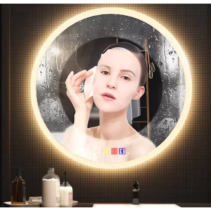 90 cm (çap) Bluetoothlu Buğu Çözücülü Dokunmatik Işıklı Kumlamalı Yuvarlak Banyo Aynası