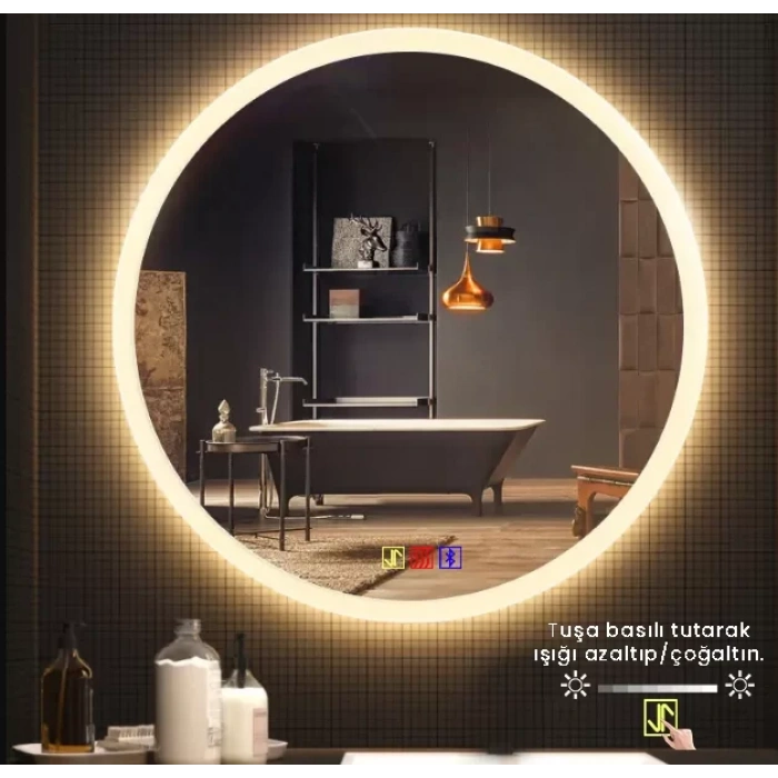 90 cm (çap) Bluetoothlu Buğu Çözücülü Dokunmatik Işıklı Kumlamalı Yuvarlak Banyo Aynası