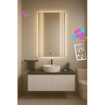 50x70 cm Dikdörtgen Kumlama Ledli Bluetoothlu Buğu Önleyicili Üç Dokunmatik Tuşlu Banyo Aynası
