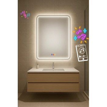 60x80 cm Dikdörtgen Kumlama Ledli Bluetoothlu Buğu Önleyicili Üç Dokunmatik Tuşlu Banyo Aynası