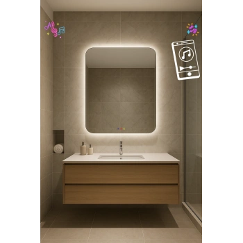 70x100 cm Dikdörtgen Ledli Bluetoothlu Buğu Önleyicili Üç Dokunmatik Tuşlu Banyo Aynası