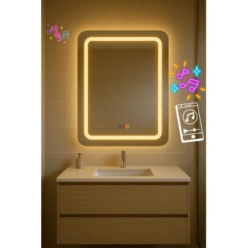 70x90 cm Dikdörtgen Kumlama Ledli Bluetoothlu Buğu Önleyicili Üç Dokunmatik Tuşlu Banyo Aynası