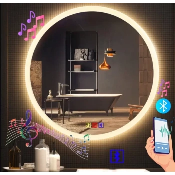 80 cm (çap) Bluetoothlu Buğu Çözücülü Dokunmatik Işıklı Kumlamalı Yuvarlak Banyo Aynası