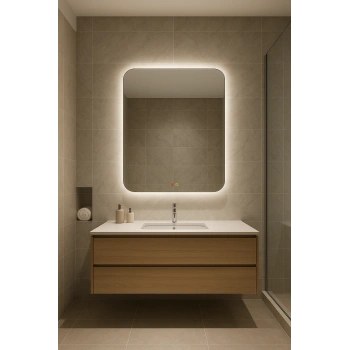 80x100 cm Dikdörtgen Ledli Buğu Önleyicili Çift Dokunmatik Tuşlu Banyo Aynası